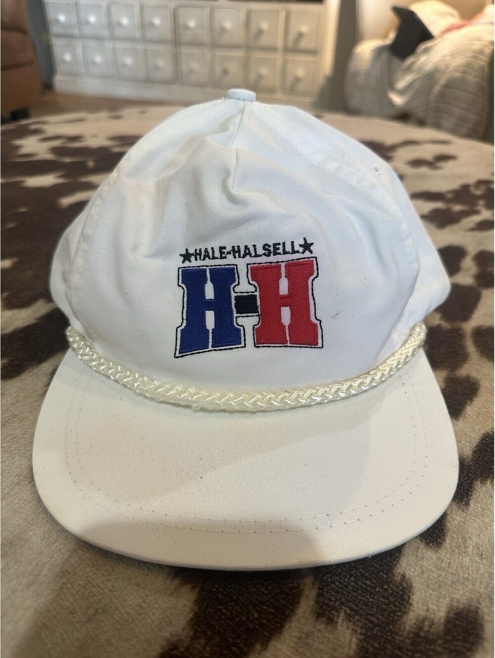 VTG 90s Hale-Halsell H-H Rope Hat Leather Strap Oklahoma Cap White